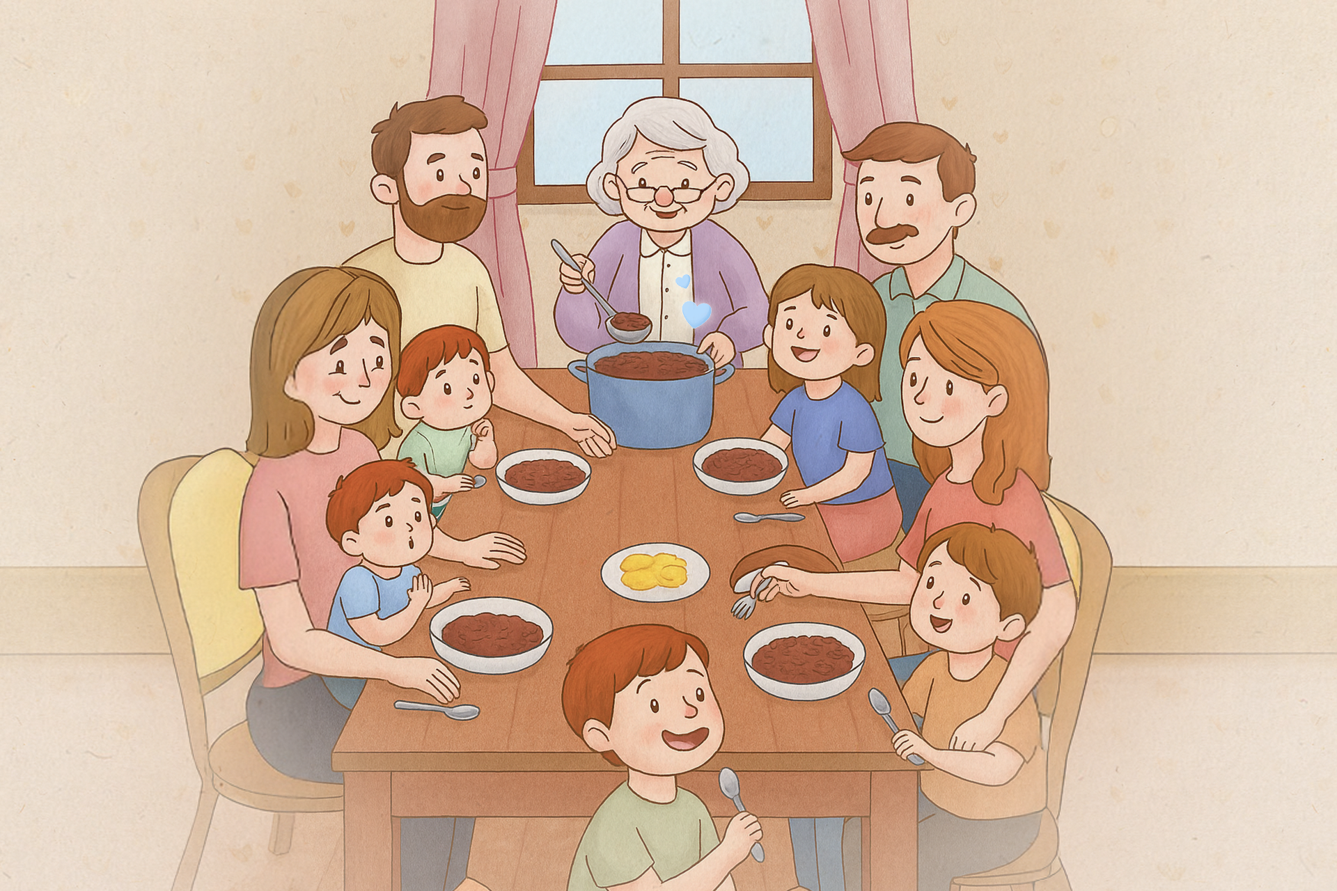 Familia comiendo frijoles juntos.